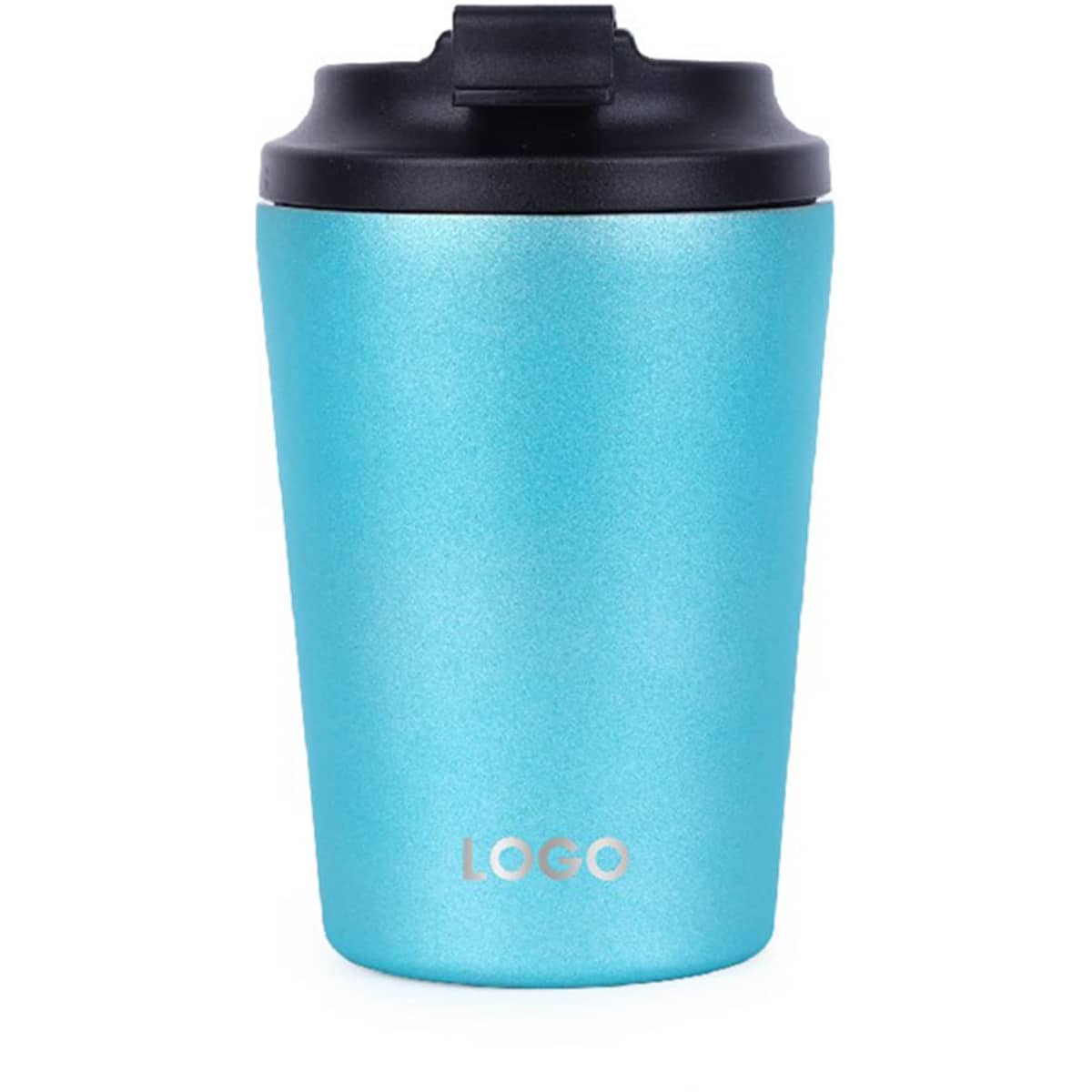 A drink bottle with a bright blue exterior, a black lid, and a branding logo on the front.