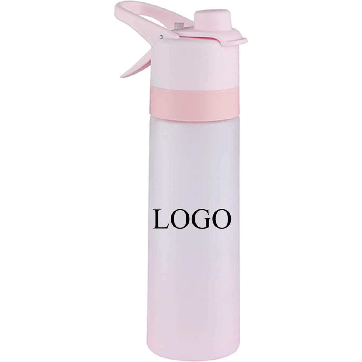 A drink bottle with a pink lid and base, featuring a clear body and a logo.