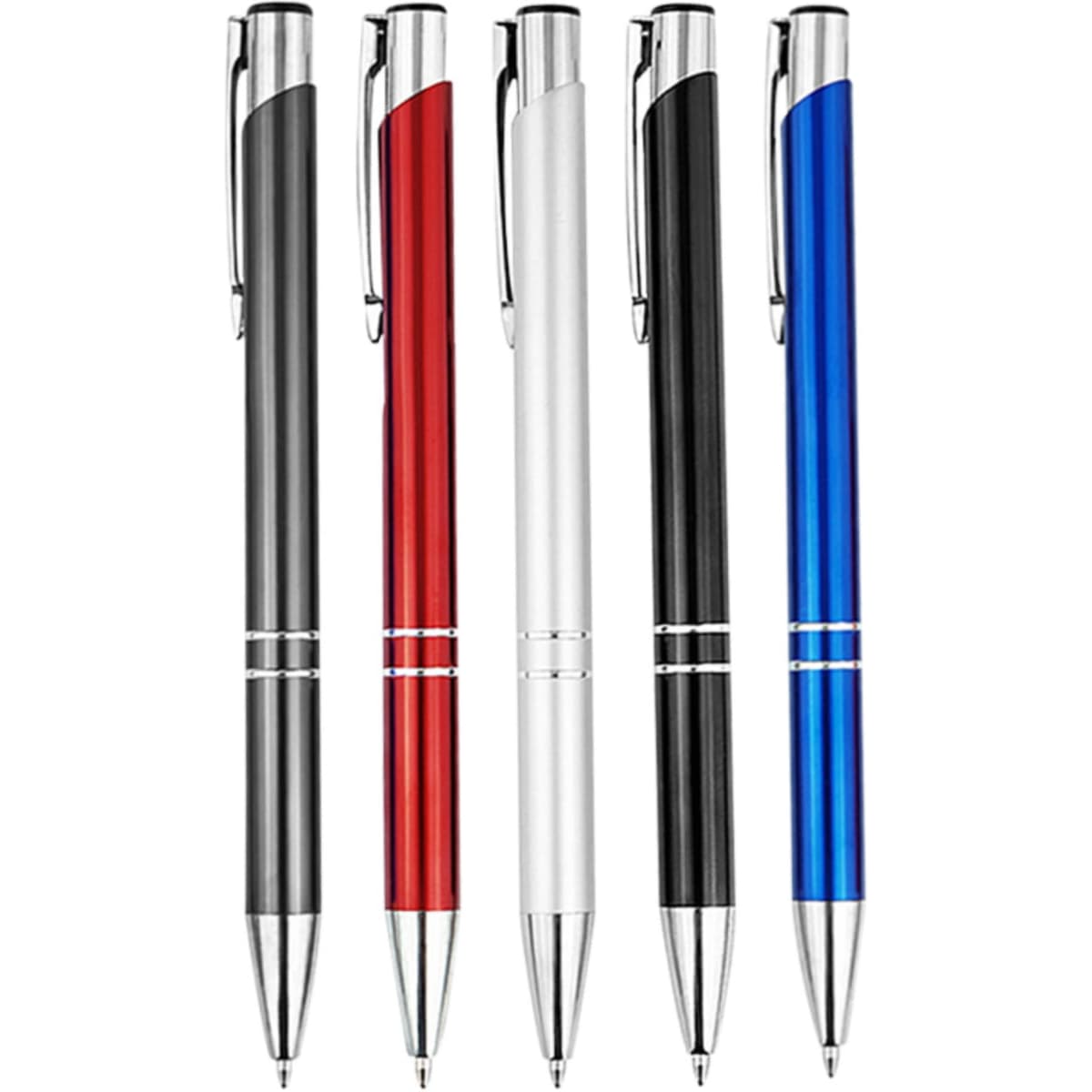 A collection of metal ballpoint pens in black, red, silver, and blue, each with a polished finish and clip.