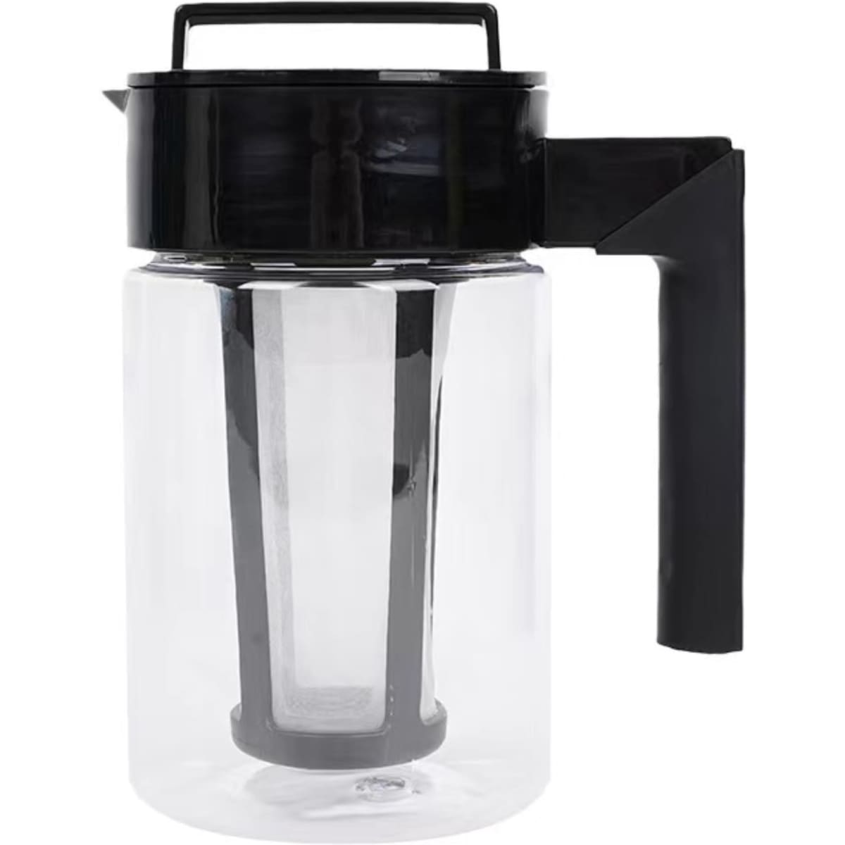 A clear glass cold brew coffee maker with a black handle and lid, featuring a built-in filter.