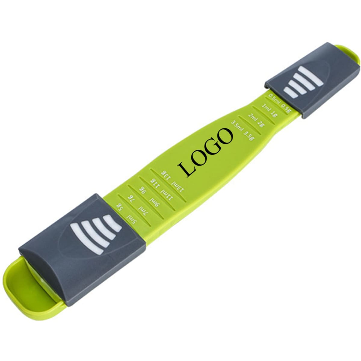 An adjustable measuring spoon in green and grey with measurement markings and a logo.