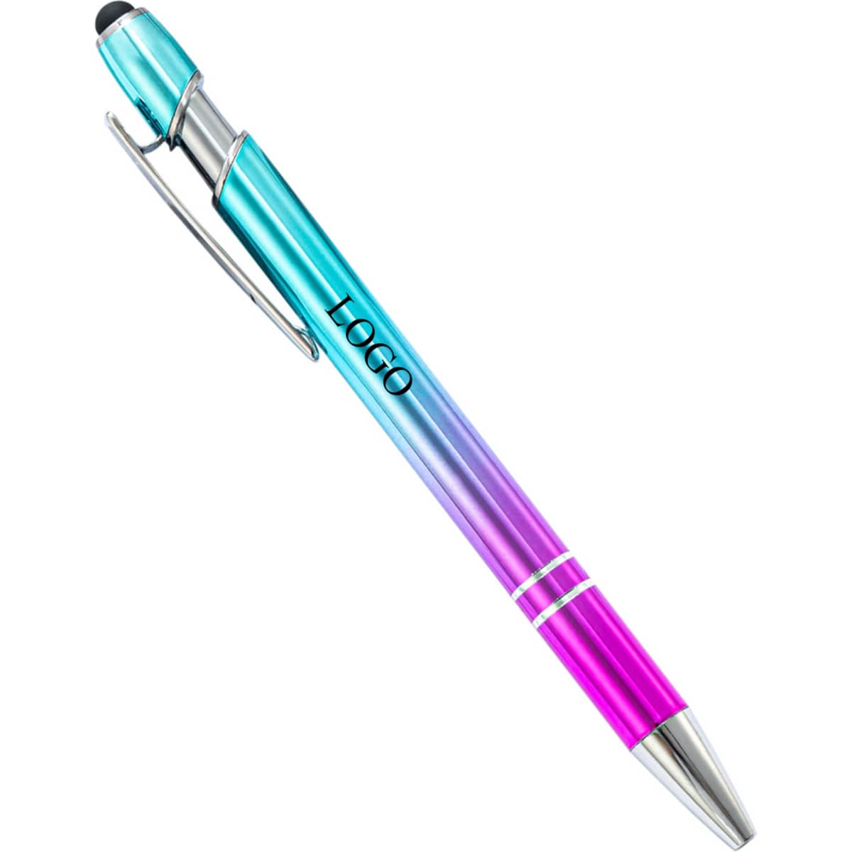 A stylus metal pen featuring a gradient design in turquoise and pink, with a silver clip and branding.