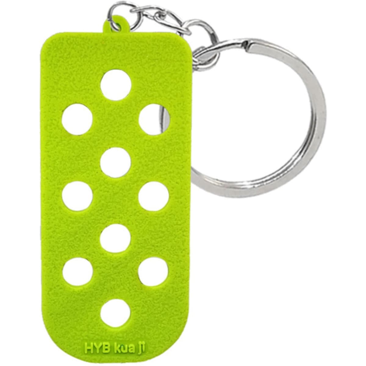 A bright green keychain featuring a rectangular design with multiple circular holes and a metal ring.