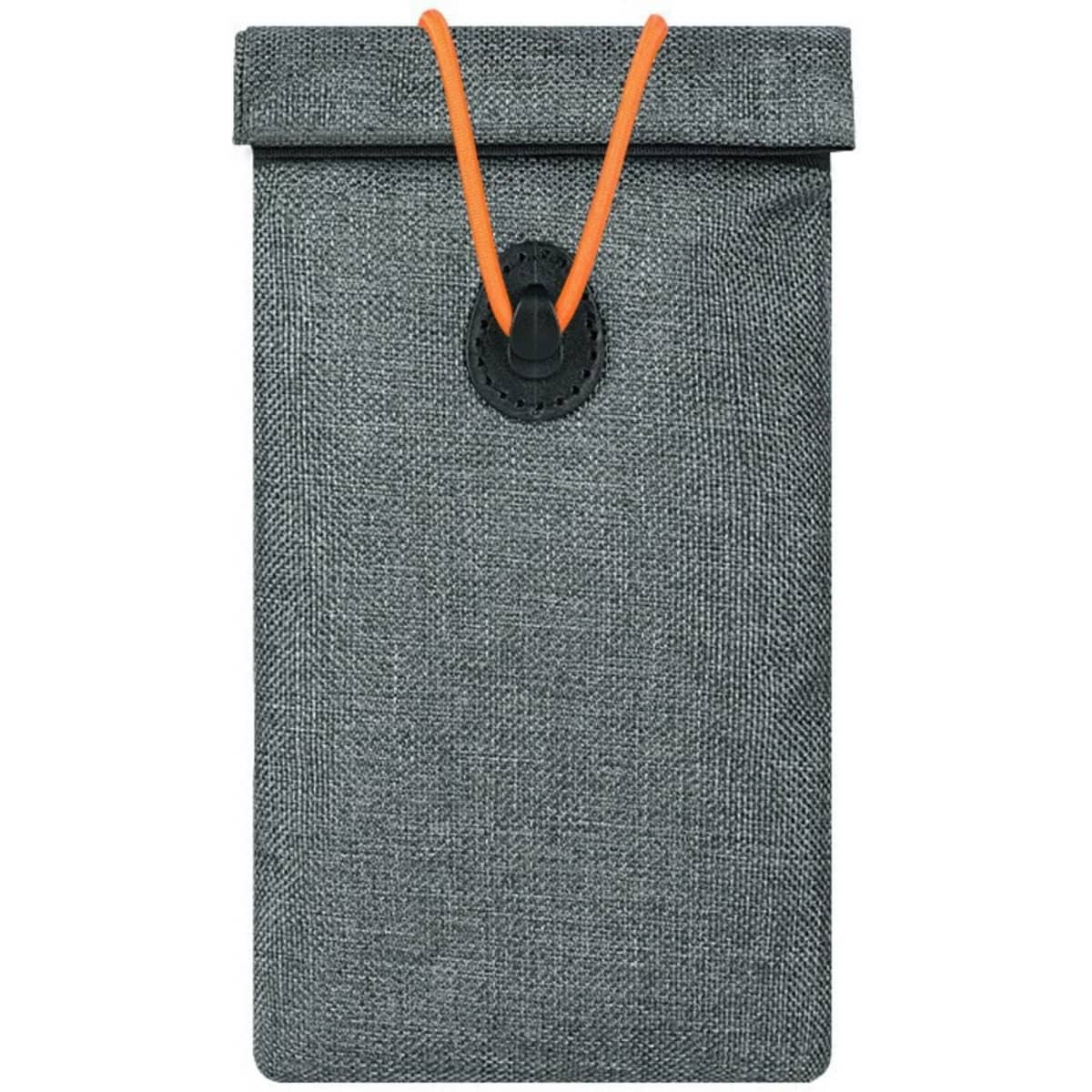 A grey Faraday bag with an orange drawstring, featuring a circular fastener at the top.