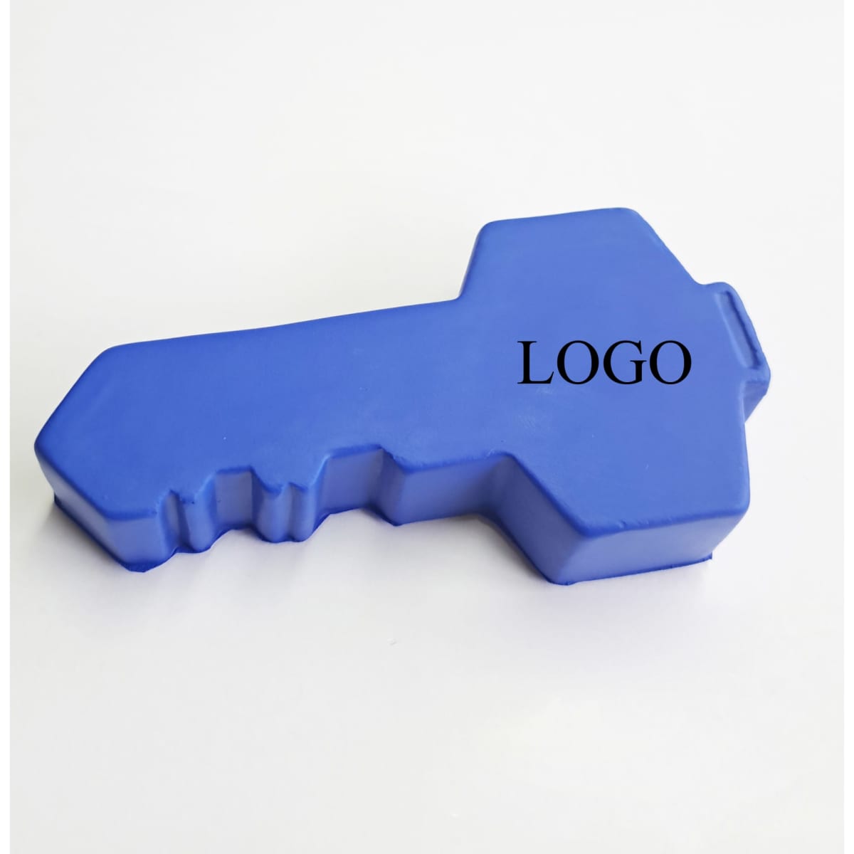 A blue key-shaped stress reliever with a logo on it, designed for promotional use.