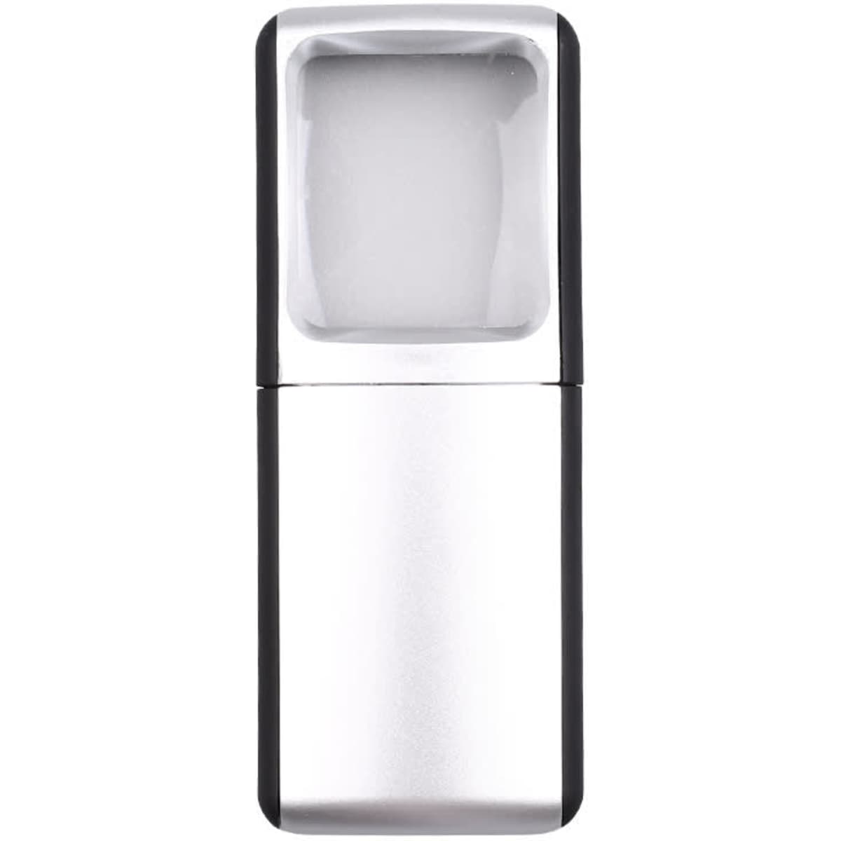 A silver and black slide-out magnifier with light, featuring a clear magnifying lens and compact design.