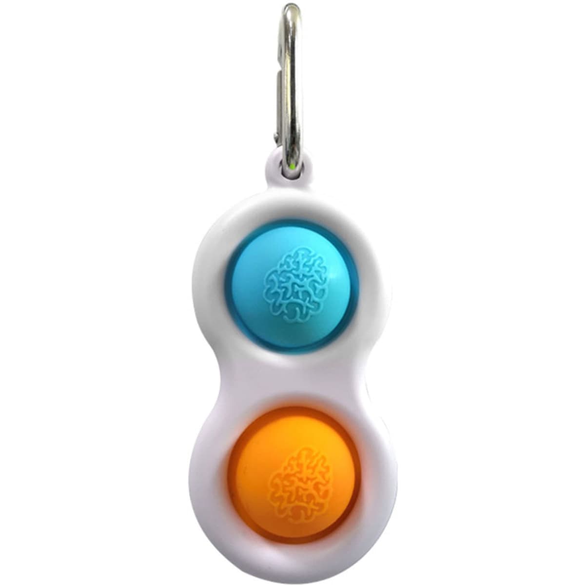A fidget toy keychain featuring two push bubbles in blue and orange, with a white casing and a keyring attachment.