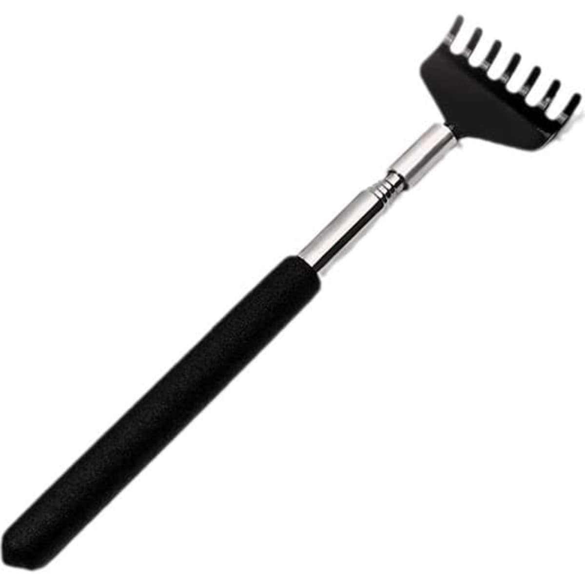 An extendable back scratcher with a black handle and a metallic, multi-pronged scratching head.
