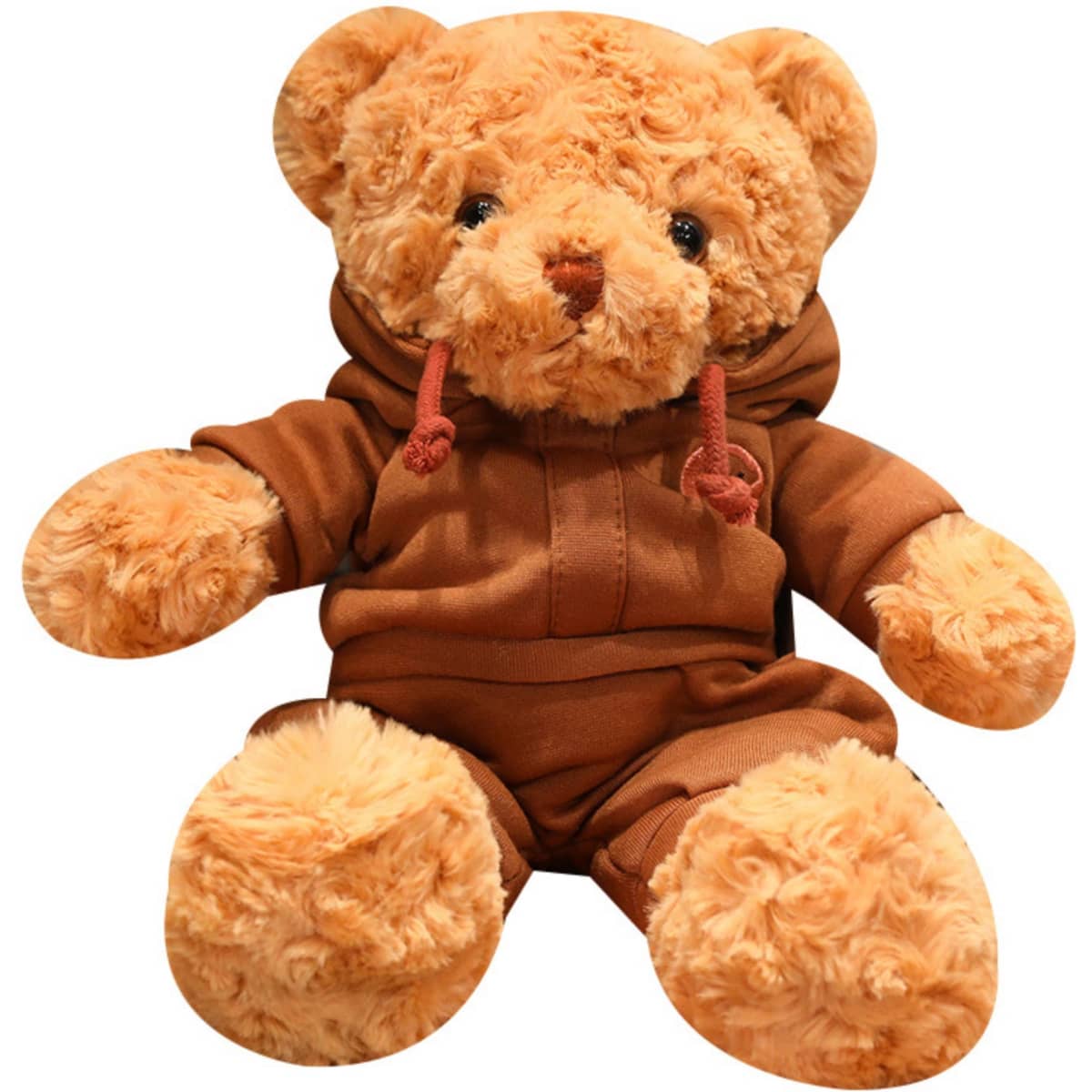 A brown teddy bear wearing a matching hoodie, featuring soft fur and a friendly expression.