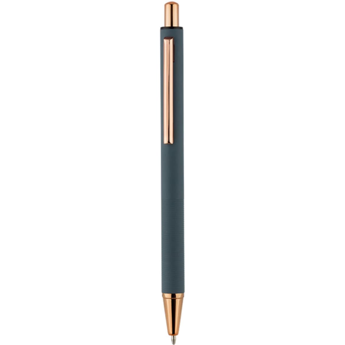 A metal push-up pen in dark grey with a rose gold clip and tip. It features a sleek, modern design.