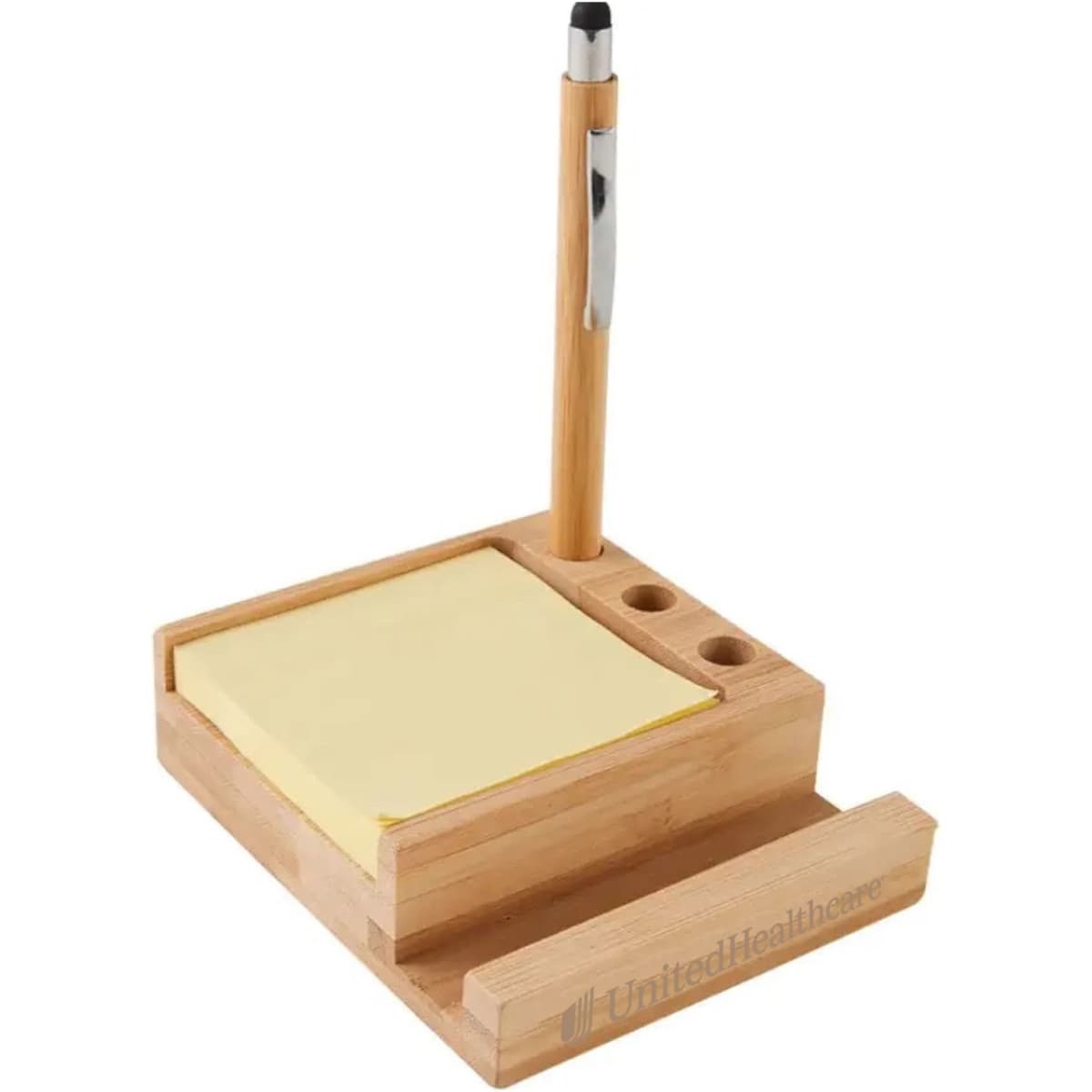 A bamboo desk organiser with a pen holder and space for sticky notes, featuring a logo on the front.
