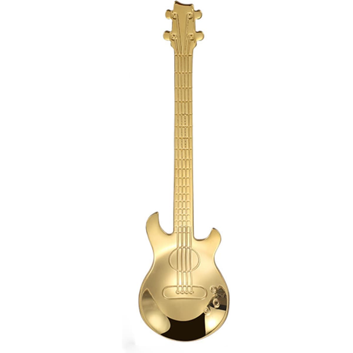 A gold guitar-shaped spoon with detailed design features and a logo on the surface.