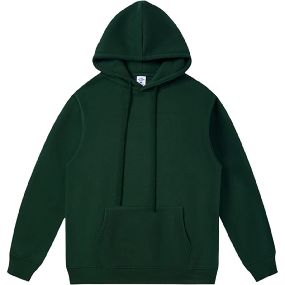 A dark green hooded sweatshirt with a front pocket and a drawstring hood. It features a logo on the label.