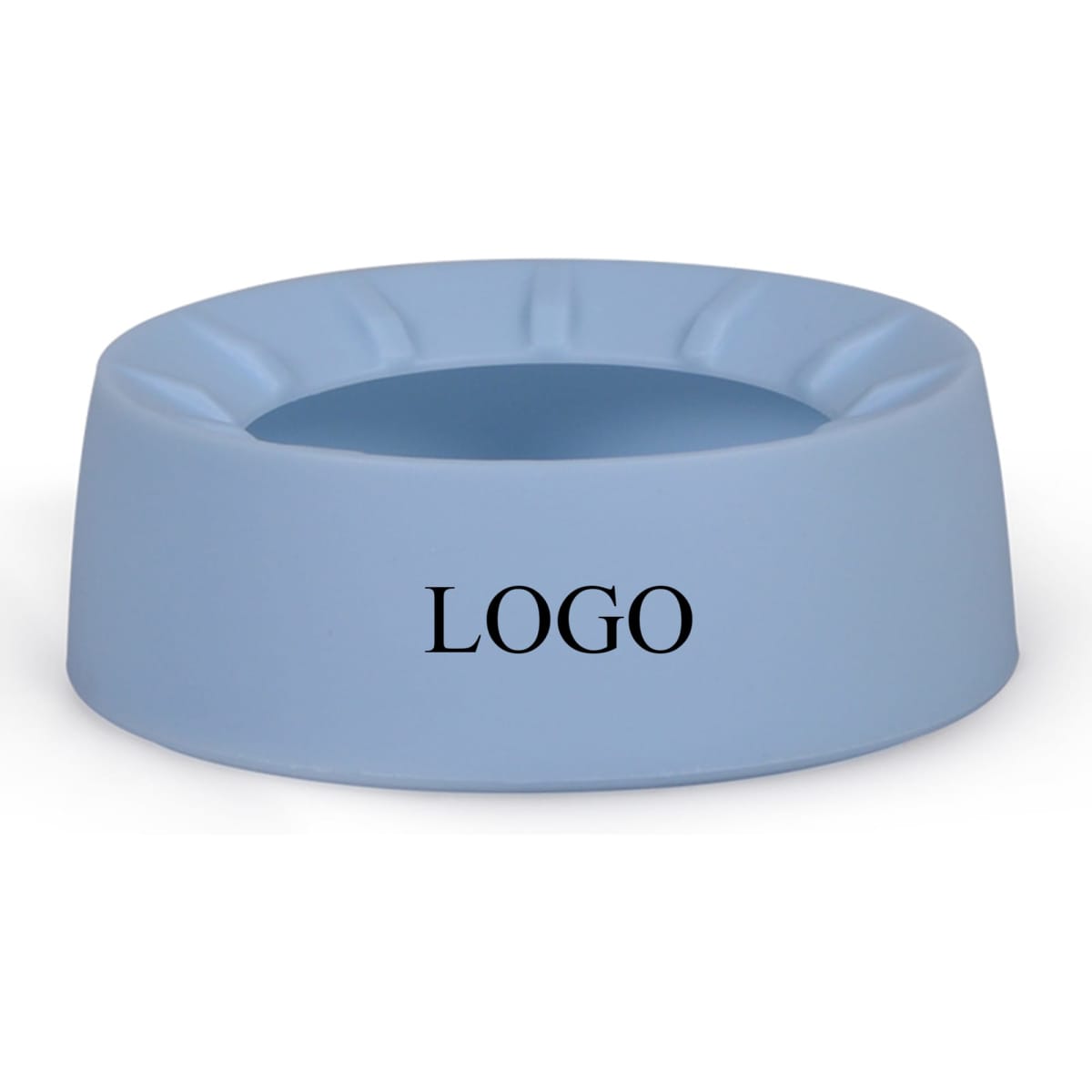 A drink bottle coaster in light blue featuring a circular shape and an indented design with a logo.