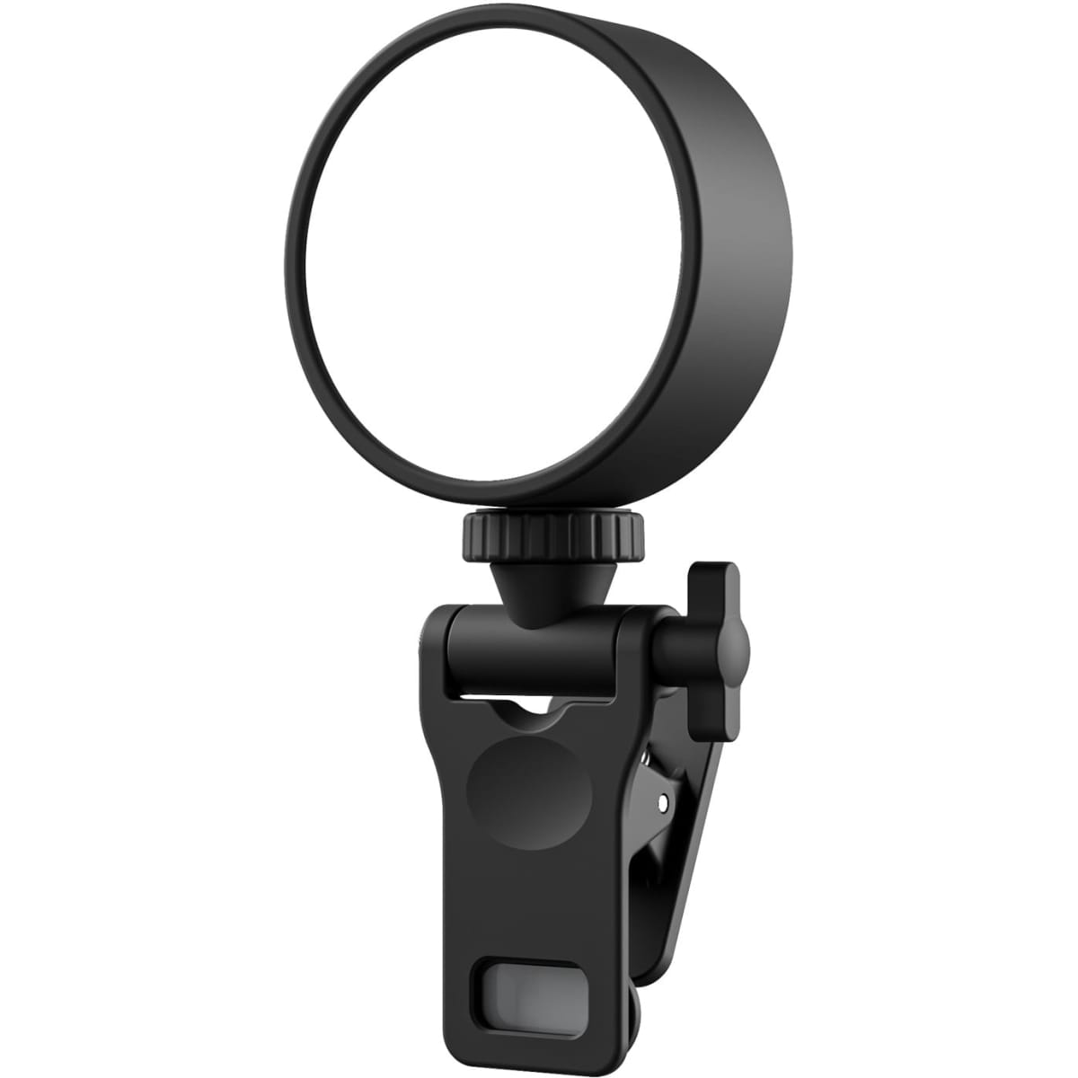 A black conferencing lighting kit with a circular light and a adjustable clamp for secure attachment.