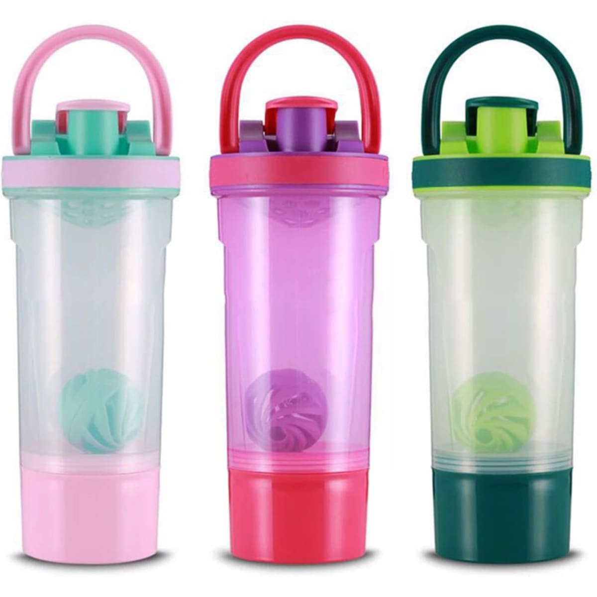 A drink bottle set featuring three shaker cups in pink, purple, and green, with matching lids and logos.