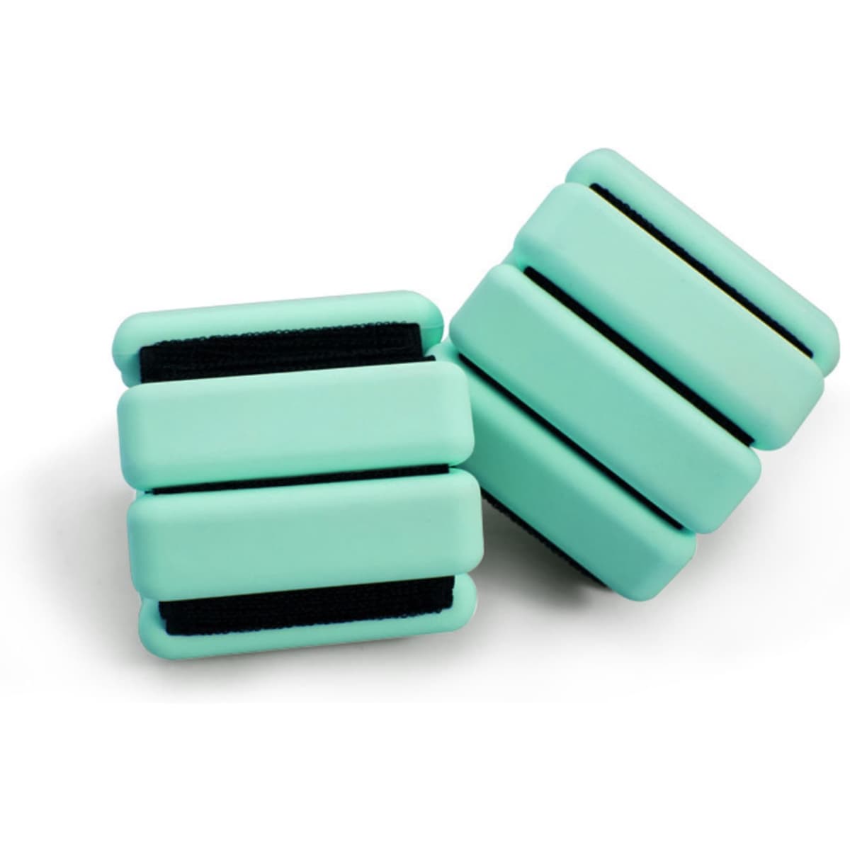 A pair of silicone weighted bracelets in a teal colour with ridged designs. The image includes a logo.