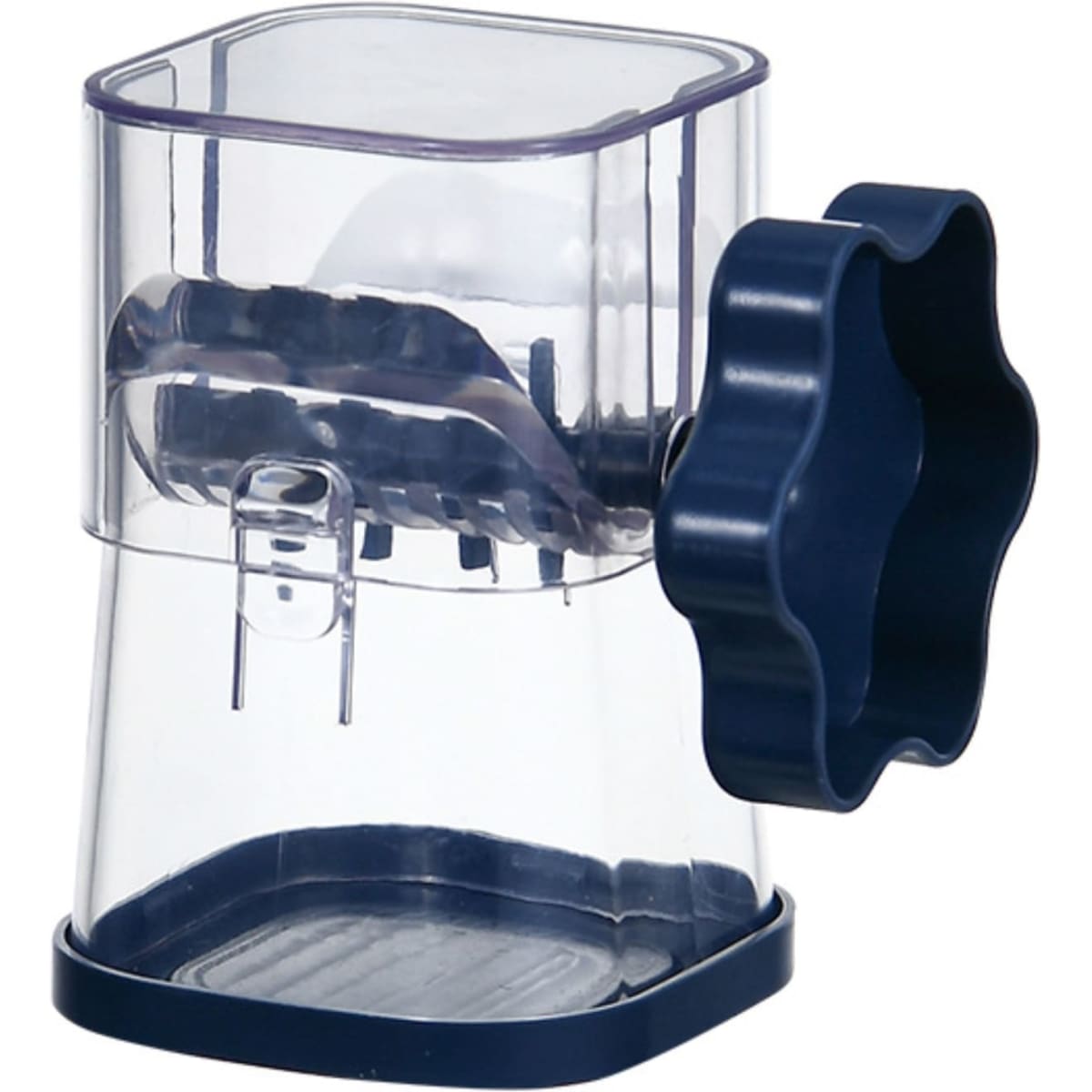 A manual mashing and grinder featuring a transparent body and a navy blue handle in a flower shape.