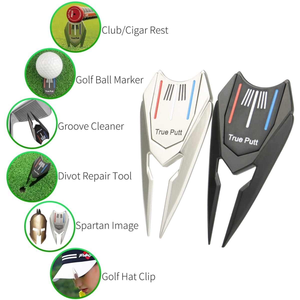 A divot tool in black and silver, featuring a club/cigar rest, golf ball marker, groove cleaner, and golf hat clip.