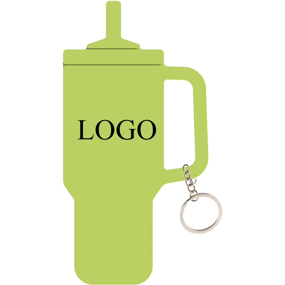 A green tumbler-shaped silicone key ring with a handle and attached keychain. It features a logo.