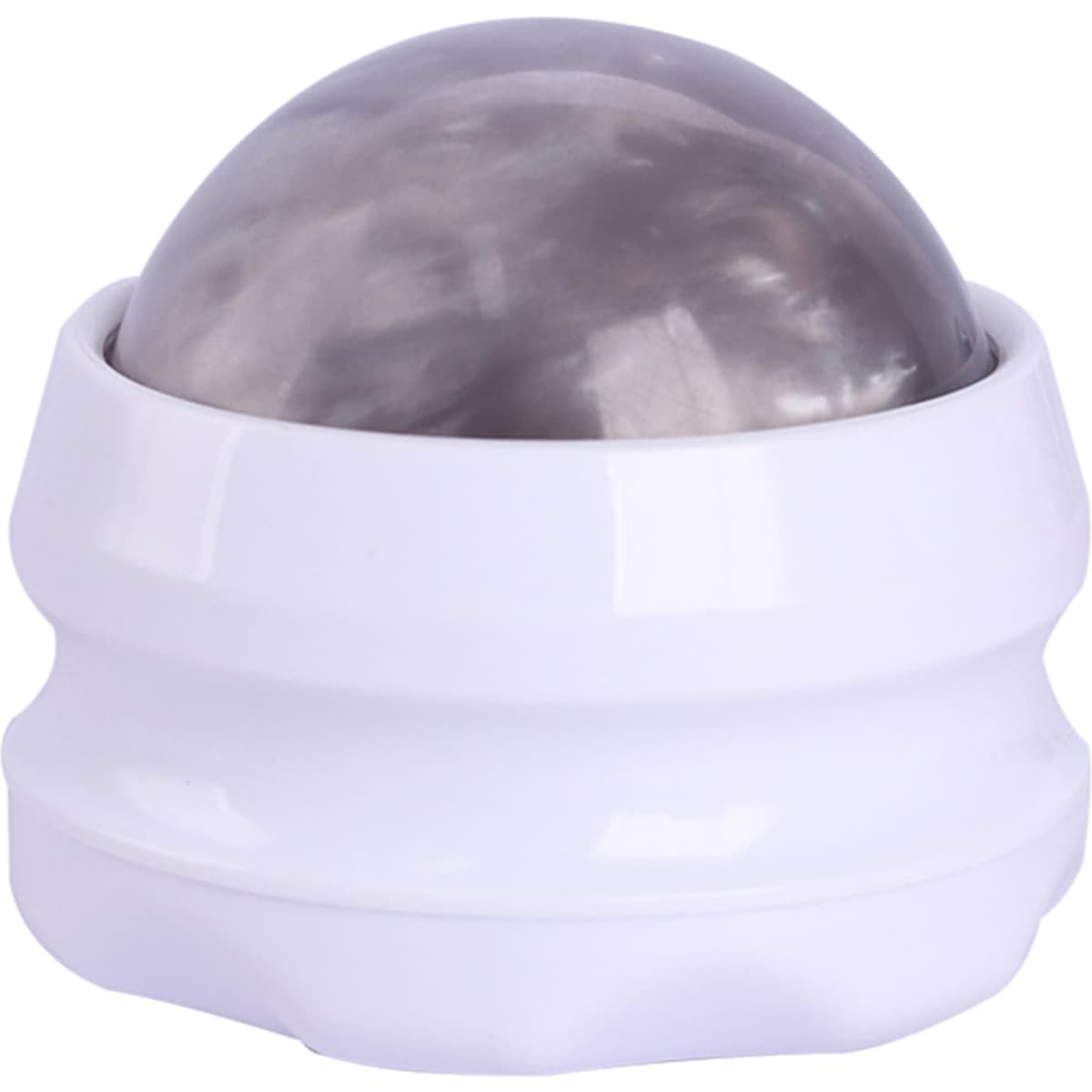 A white massage ball featuring a shiny metallic dome on top, designed for easy gripping.