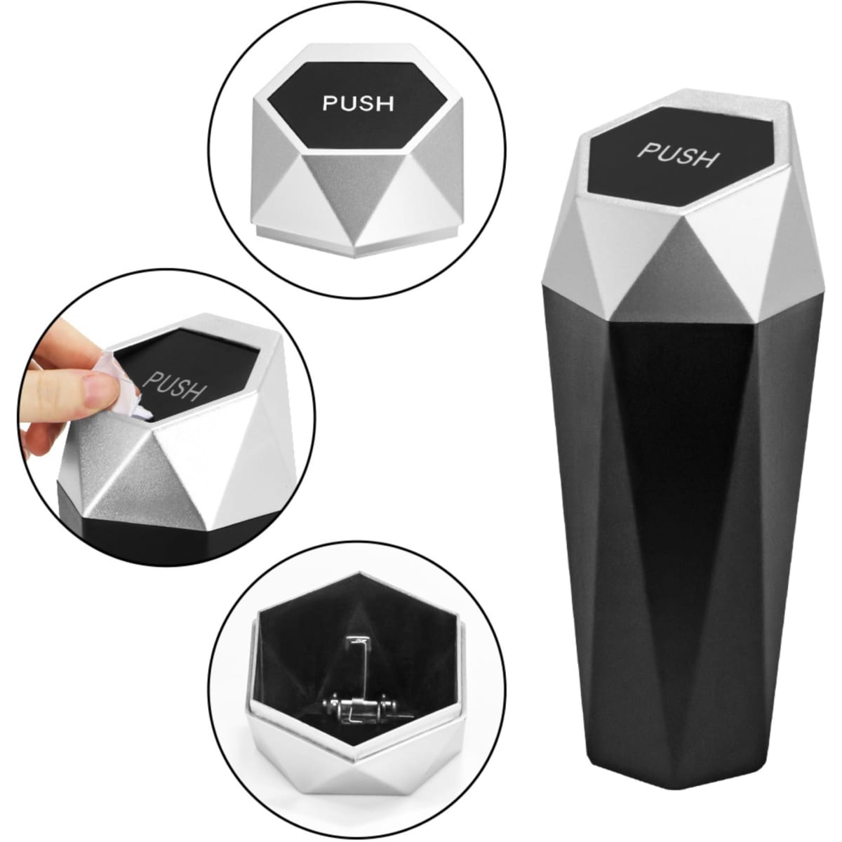 A black and silver geometric trash can with a push lid and interior compartment. It features a logo on top.