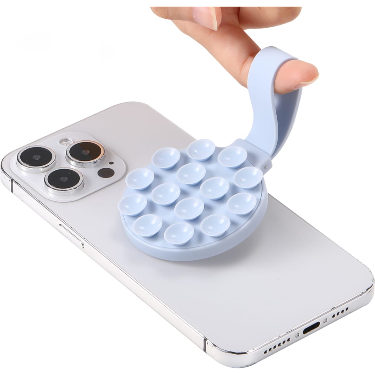 A light blue magnetic suction phone holder featuring a circular design with multiple suction cups.