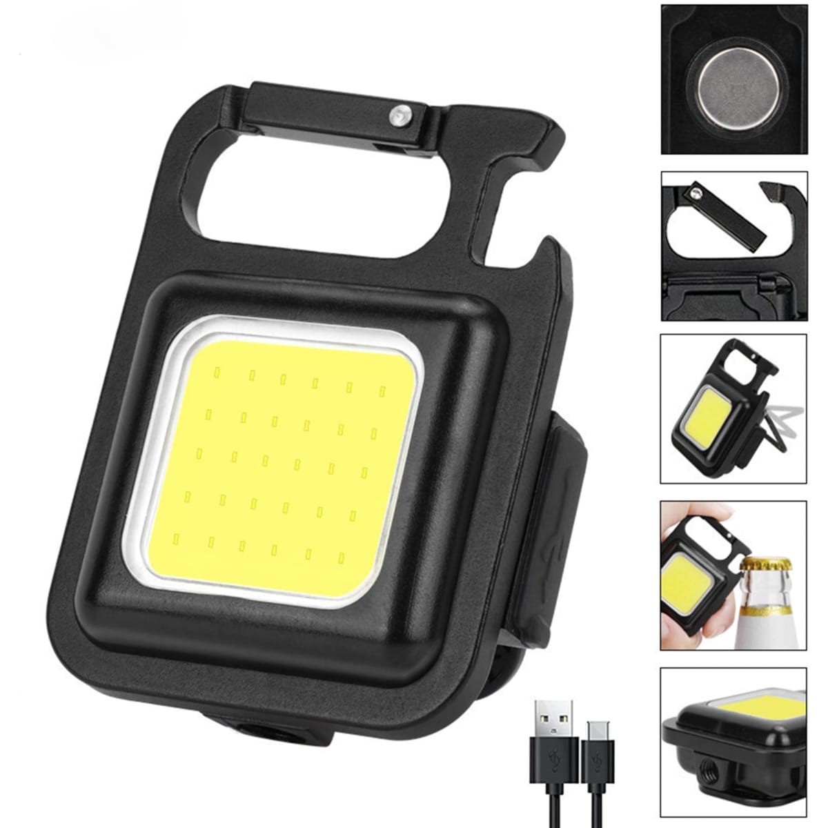 A rechargeable black COB magnetic light with a yellow light panel and a handle for easy attachment.