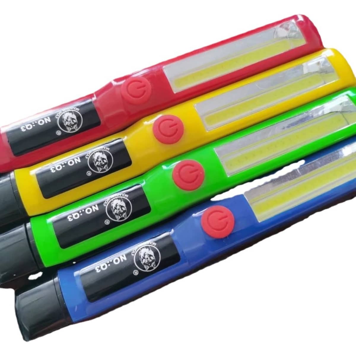 Four Cob work lights in red, yellow, green, and blue, each featuring a button and a branding logo.