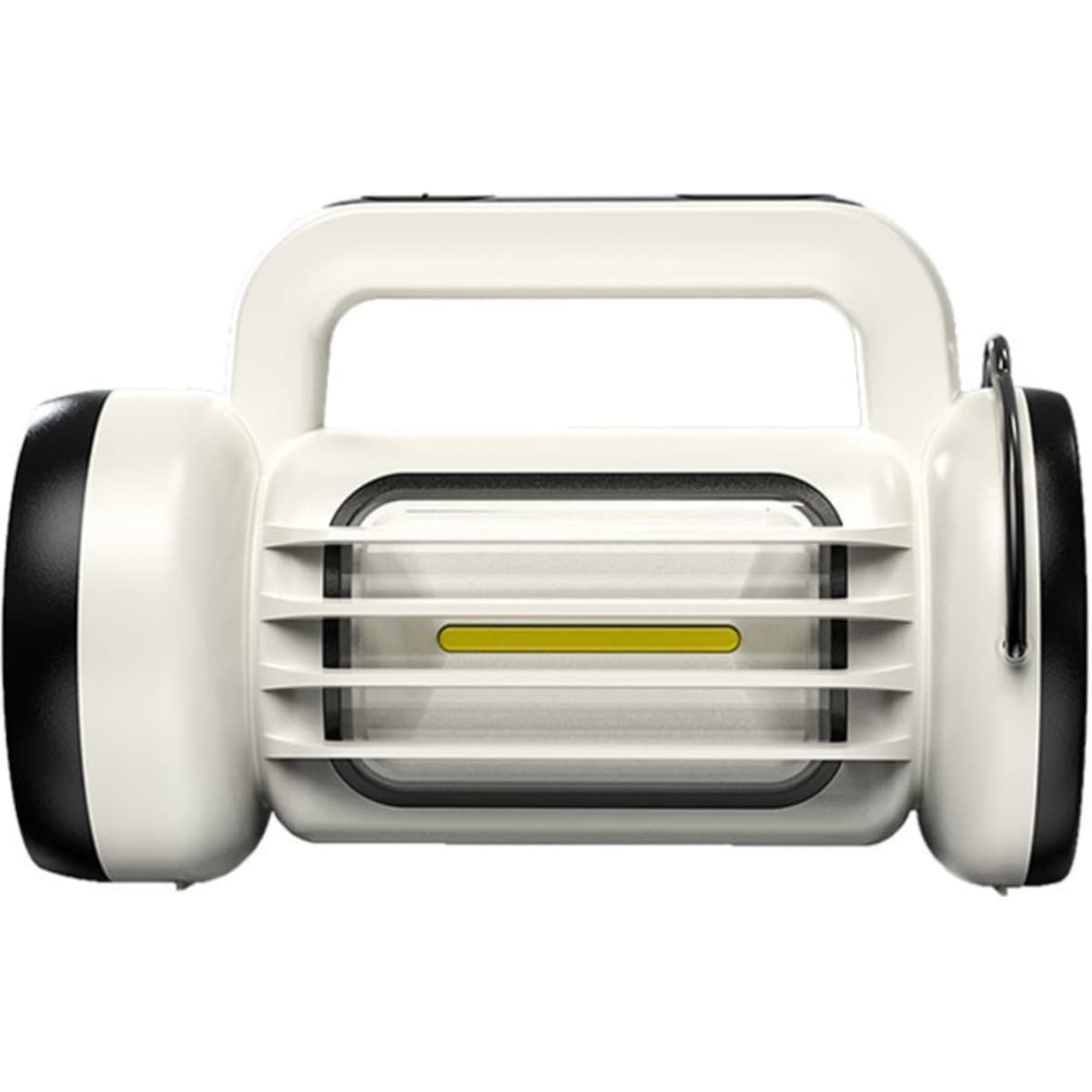 A white rechargeable COB lantern with a handle and black accents, featuring a clear light panel.