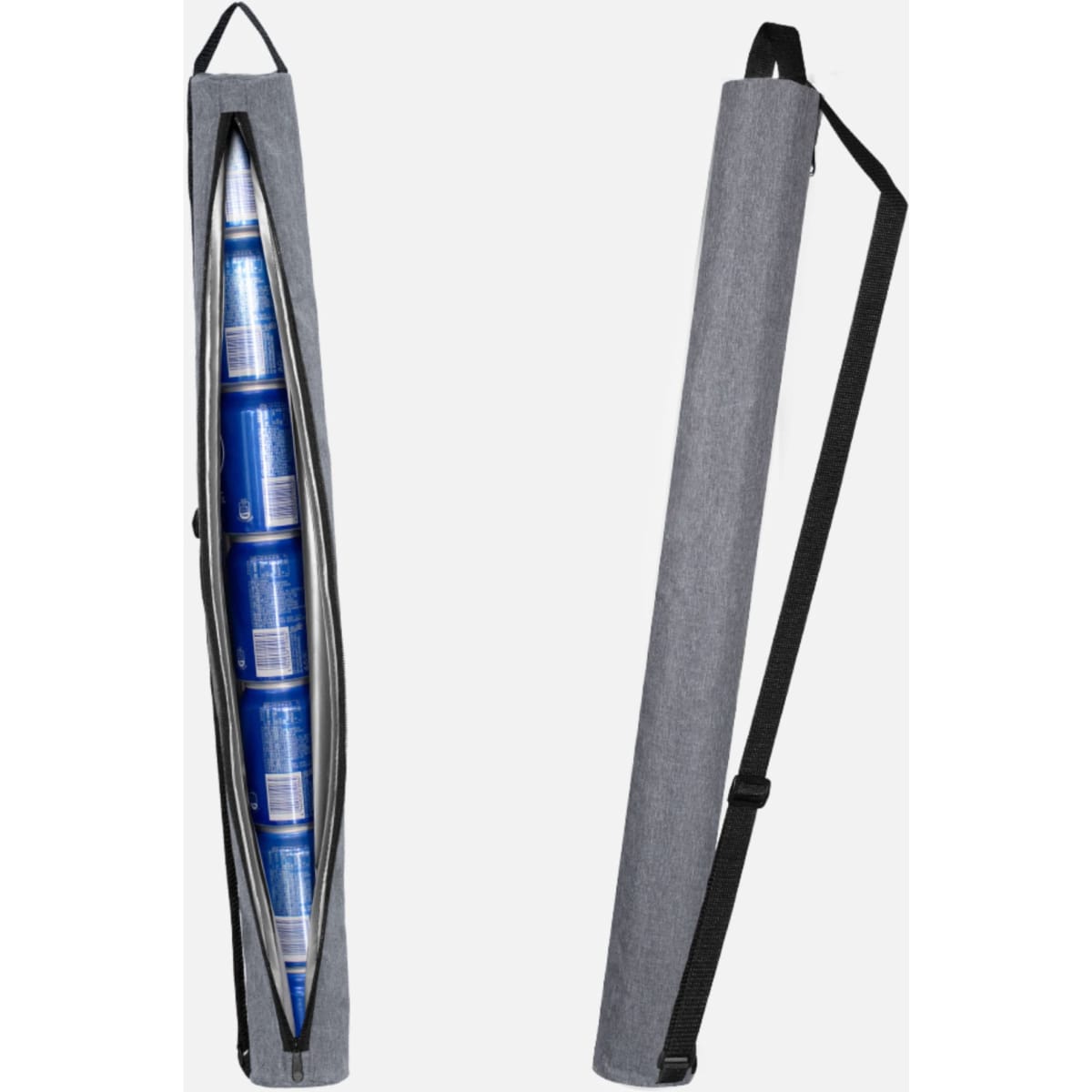 A drink bottle cooler tube in grey with a zipper, featuring a strap and displaying multiple drink cans inside.
