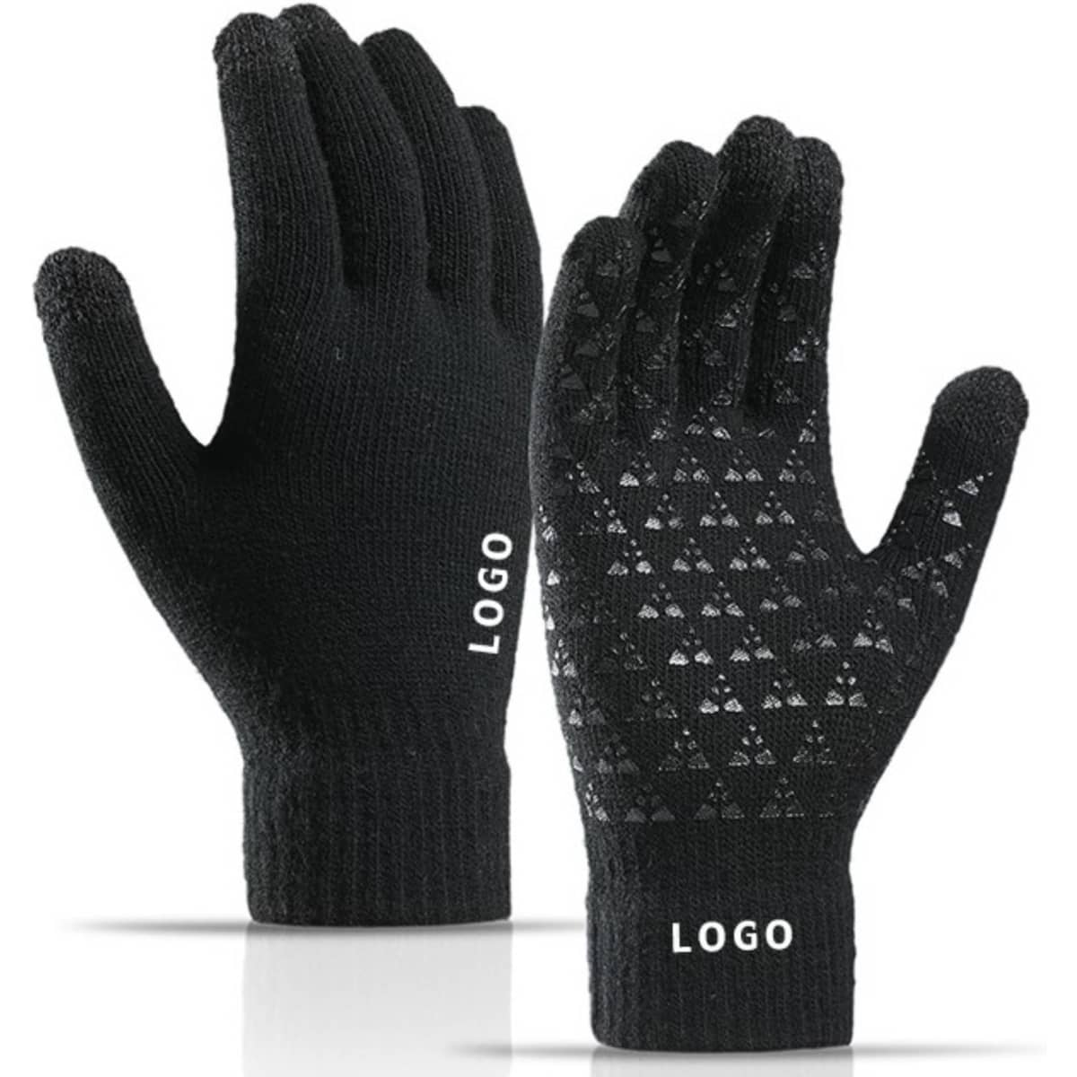 A pair of black gloves with a textured grip and a logo on each glove.