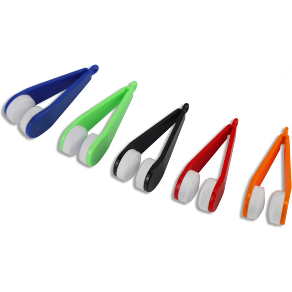 A set of five eye glass cleaners in blue, green, black, red, and orange, each with two cleaning pads.