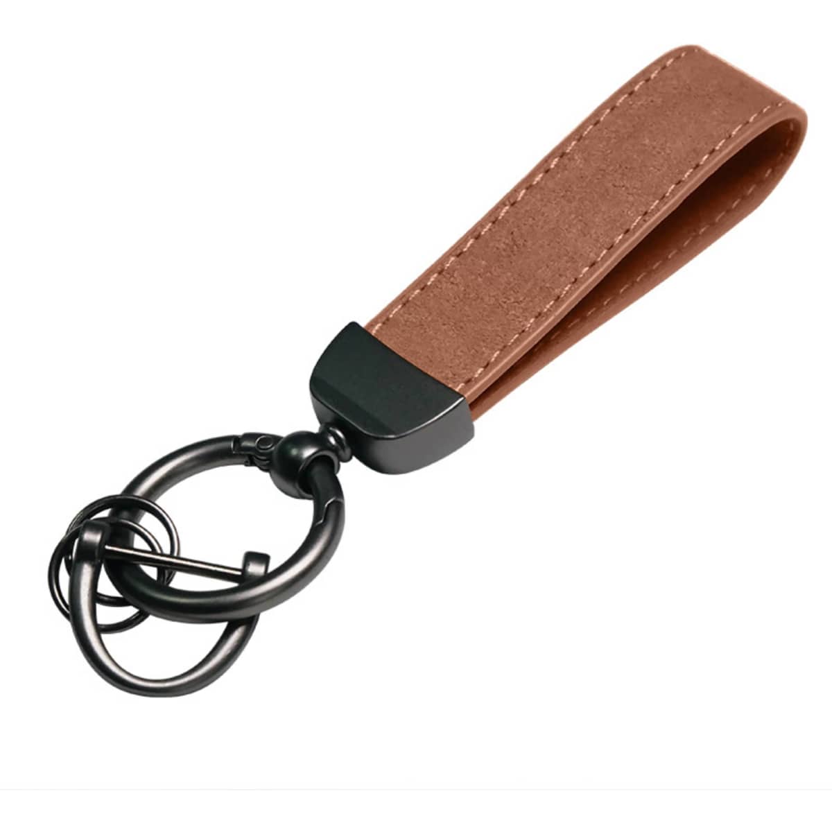 A brown suede car keychain with a black metal ring and attachment, featuring a stylish loop design.