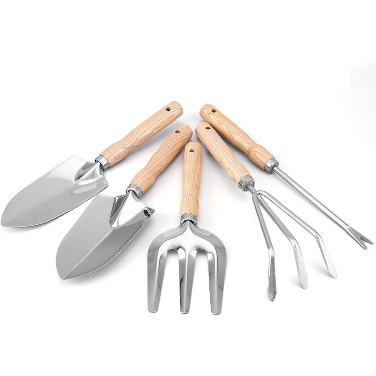 A set of five garden tools with stainless steel heads and wooden handles, featuring a trowel, fork, and cultivator.