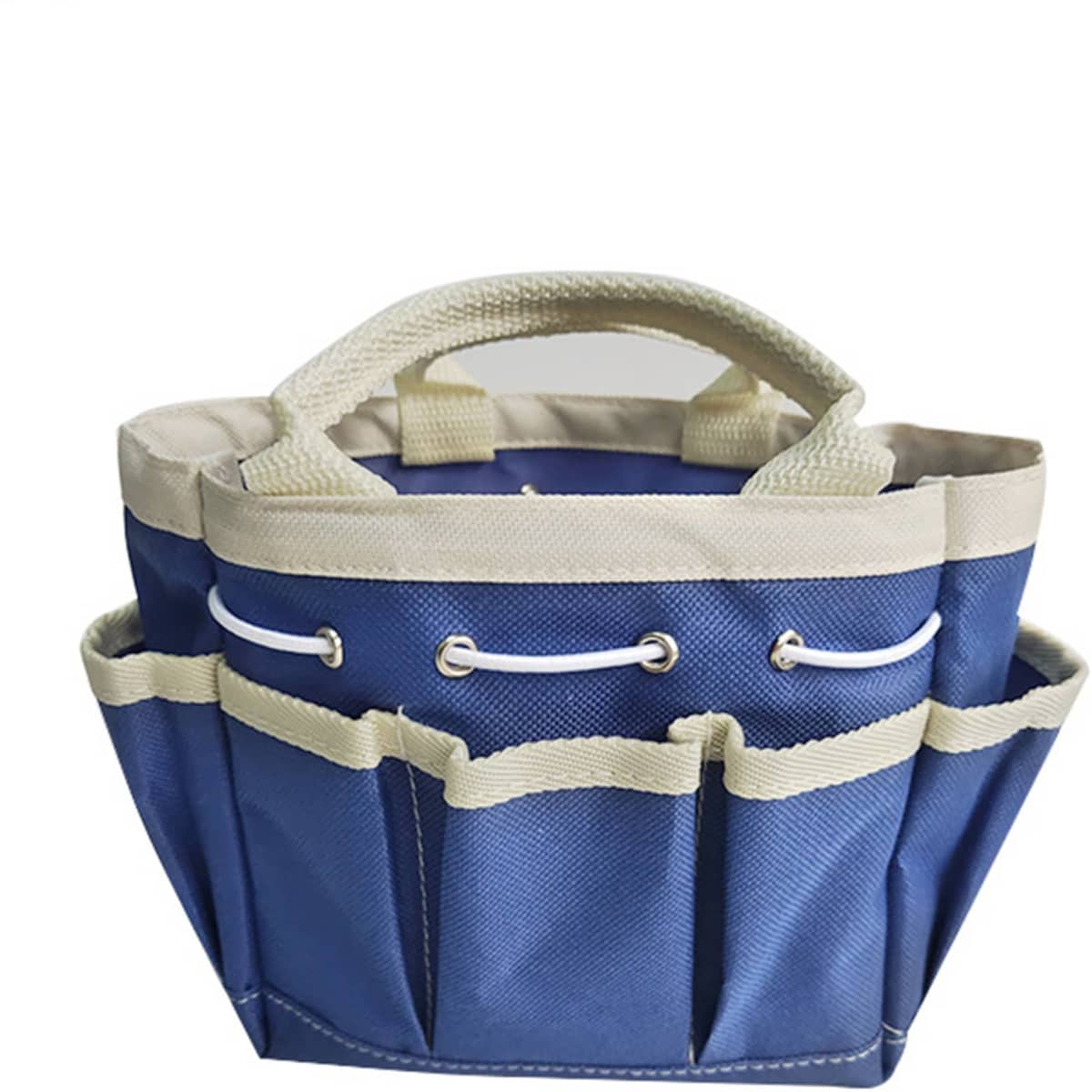 A blue and cream garden tote with multiple pockets and sturdy handles. It has a branding logo on the side.