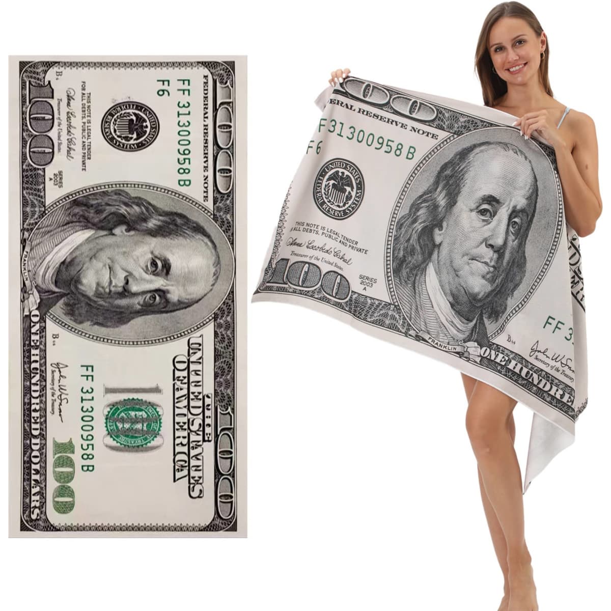 A beach towel featuring a design of a hundred dollar note in green and black tones, held by a model.