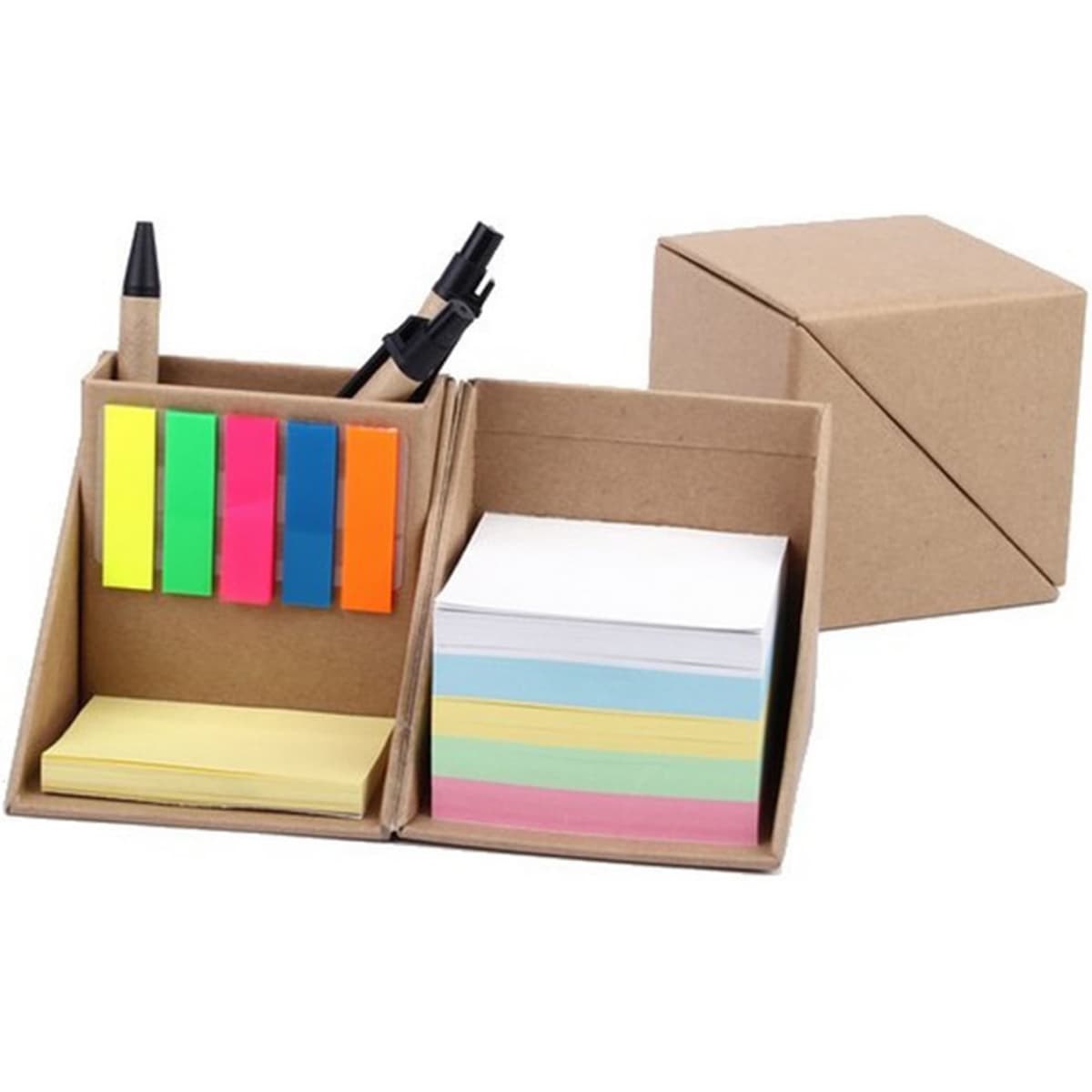 A desk organiser with coloured sticky notes, highlighters, and pens in a brown cardboard holder.
