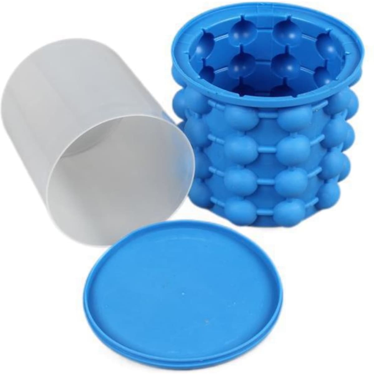A blue silicone ice cube maker and bucket, featuring a lid and a removable inner container for ice cube formation.