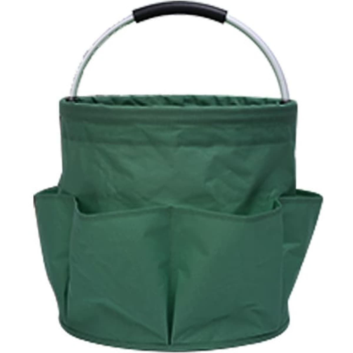 A green portable tool basket with a sturdy handle and multiple outer pockets for storage.