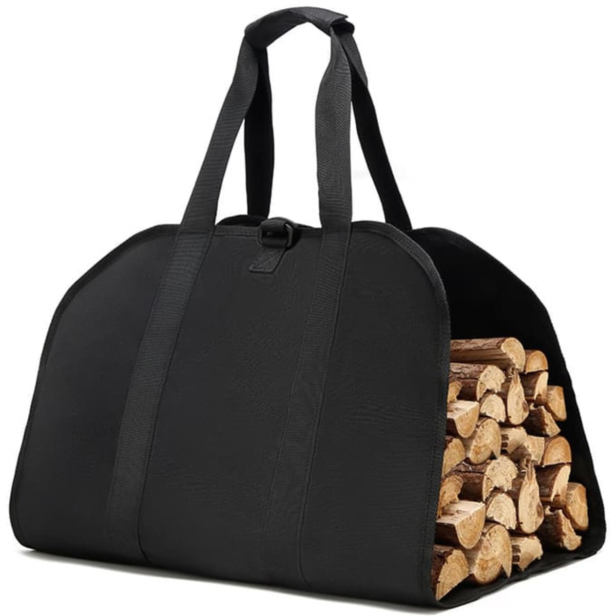 A black log carrier tote bag filled with neatly stacked firewood, featuring two sturdy handles.