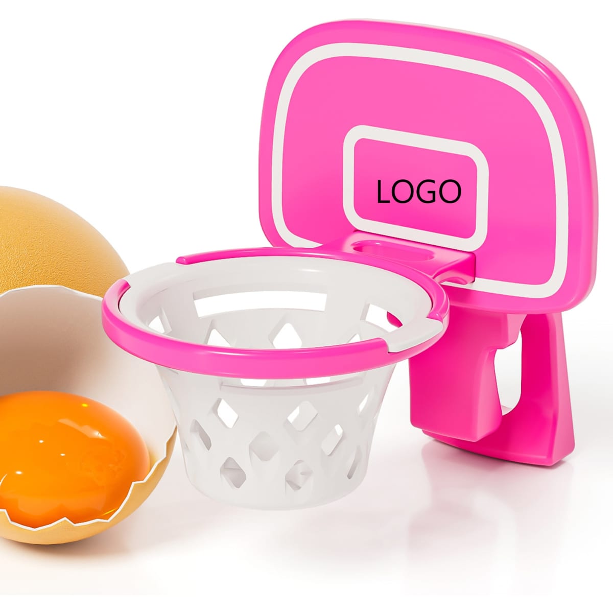 A pink egg yolk separator shaped like a basketball hoop beside a cracked egg with a bright orange yolk.