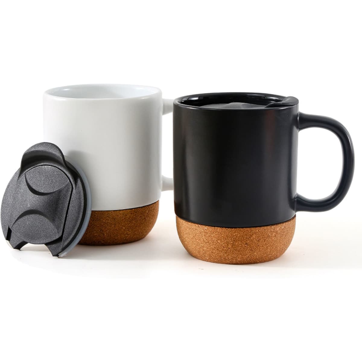 Two ceramic mugs with a cork base; one is white and the other is black. Each mug has a lid.