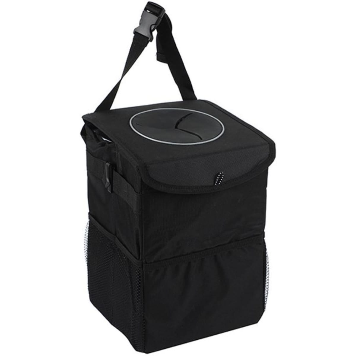 A foldable black car trash can with a lid, carrying handle, and side mesh pockets for storage.