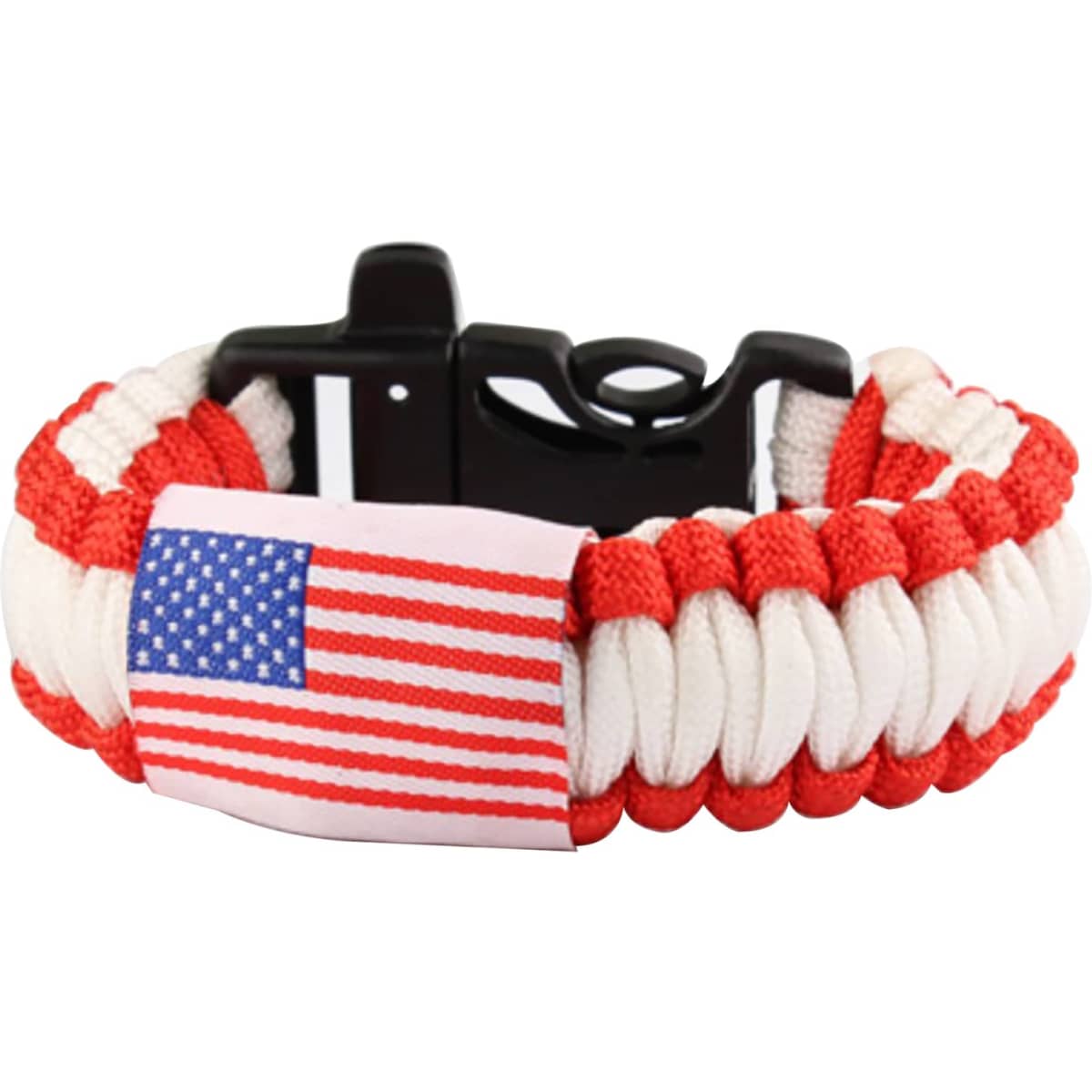 A flag pattern paracord bracelet in red and white, featuring a black clasp and a small flag detail.