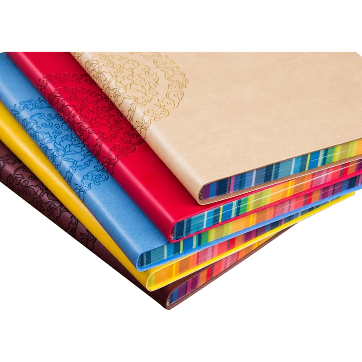 A stack of colourful PU notebooks in red, blue, yellow, and brown, featuring decorative edges and a logo.