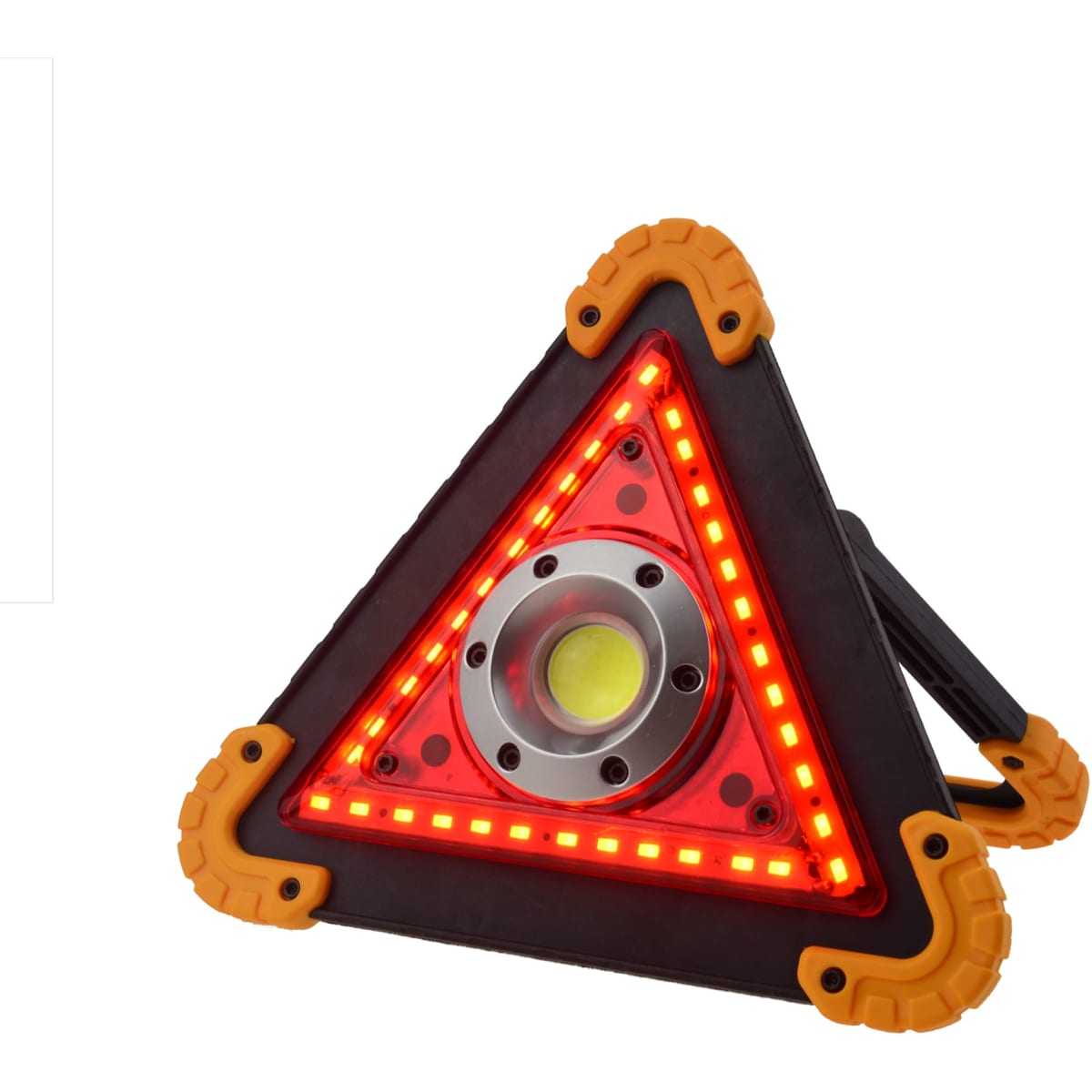 A triangular multifunctional lamp in red and black with orange accents, featuring lights and a stand.