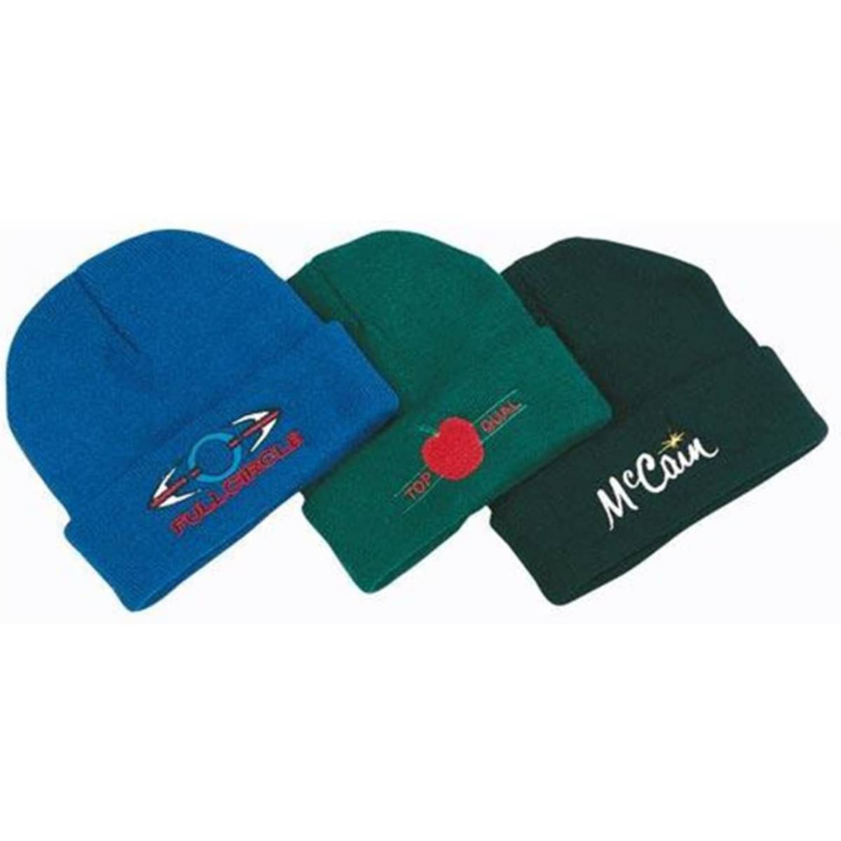 Three custom knitted beanie hats featuring a cuff, in blue, green, and dark green, each with a logo or branding.
