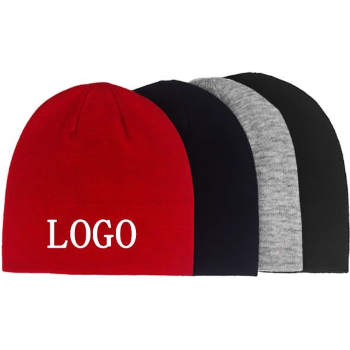 A set of four knitted beanie hats in red, black, grey, and black, featuring a logo on the red hat.