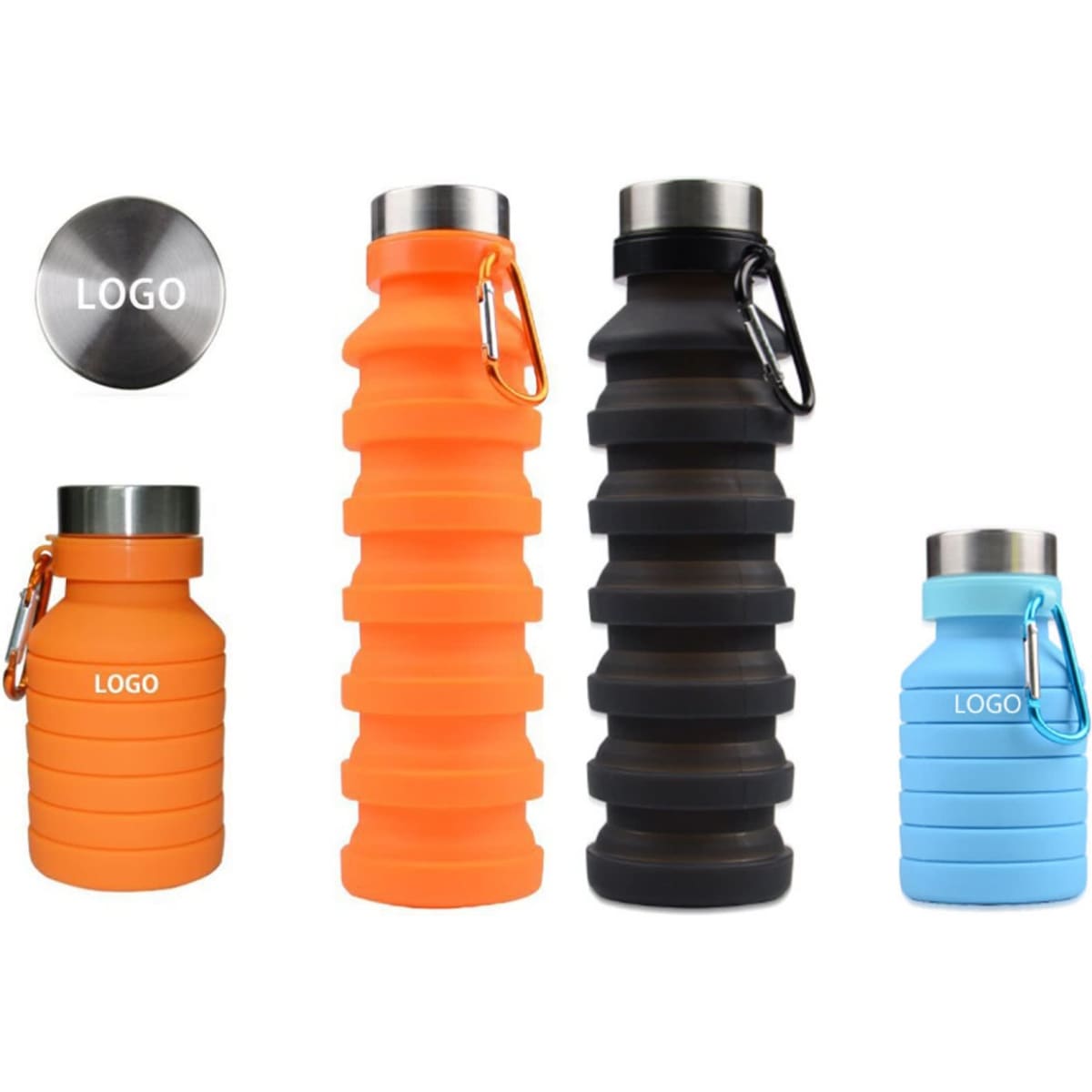 A drink bottle collection featuring collapsible designs in orange, black, and blue, with stainless steel caps and logos.